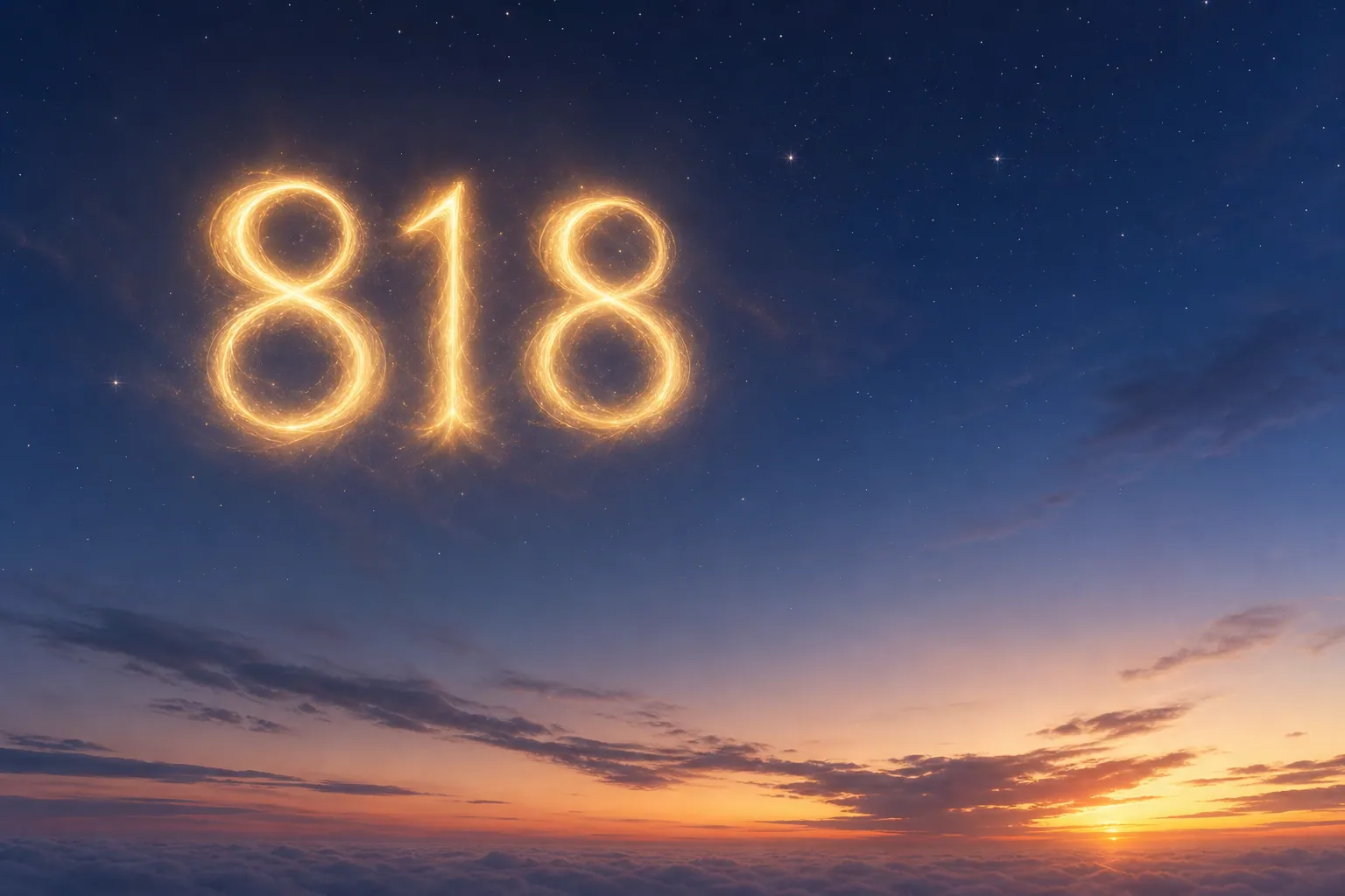 818 angel number glowing over a calm evening sky