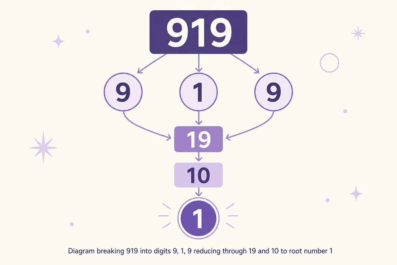 Diagram breaking 919 into digits 9, 1, 9 reducing through 19 and 10 to root number 1