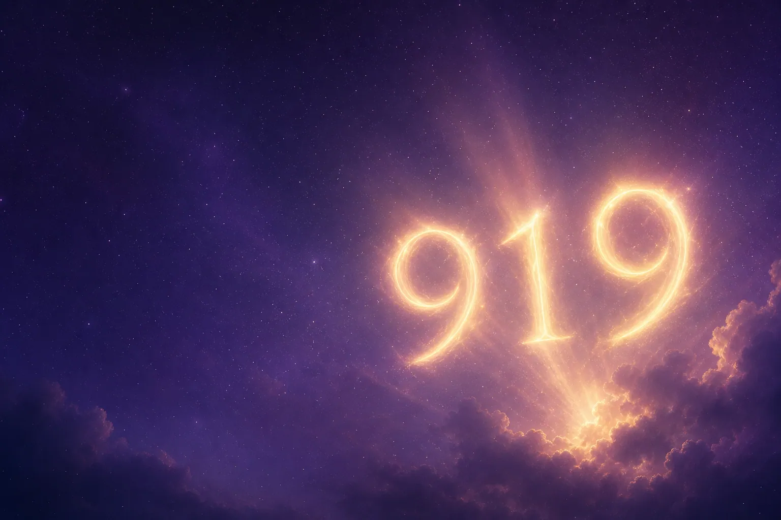 Glowing 919 angel number over a starlit night sky