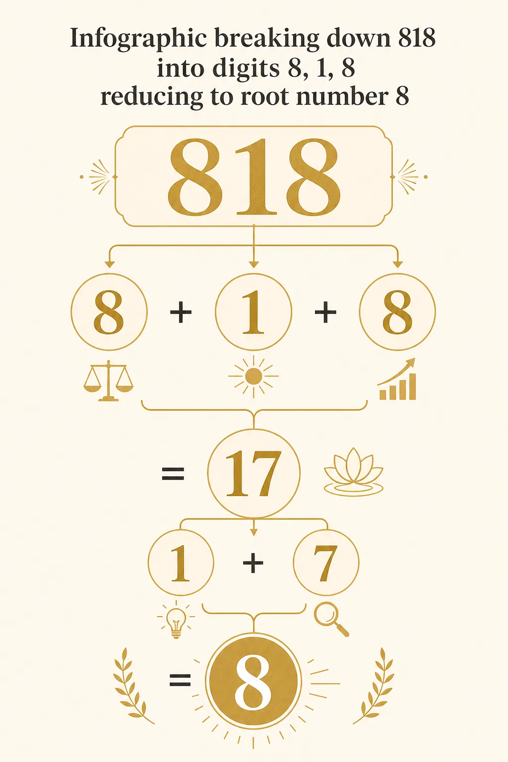 Infographic breaking down 818 into digits 8, 1, 8 reducing to root number 8
