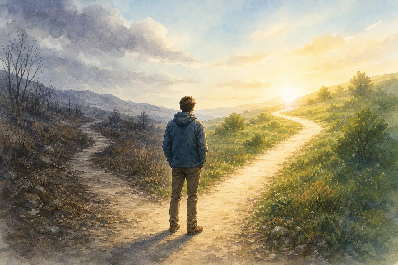 Person standing at a crossroads, one worn path behind, a bright new path ahead