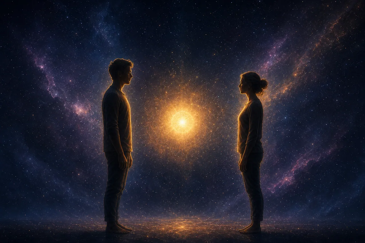 Two glowing silhouettes facing each other with a light orb between them